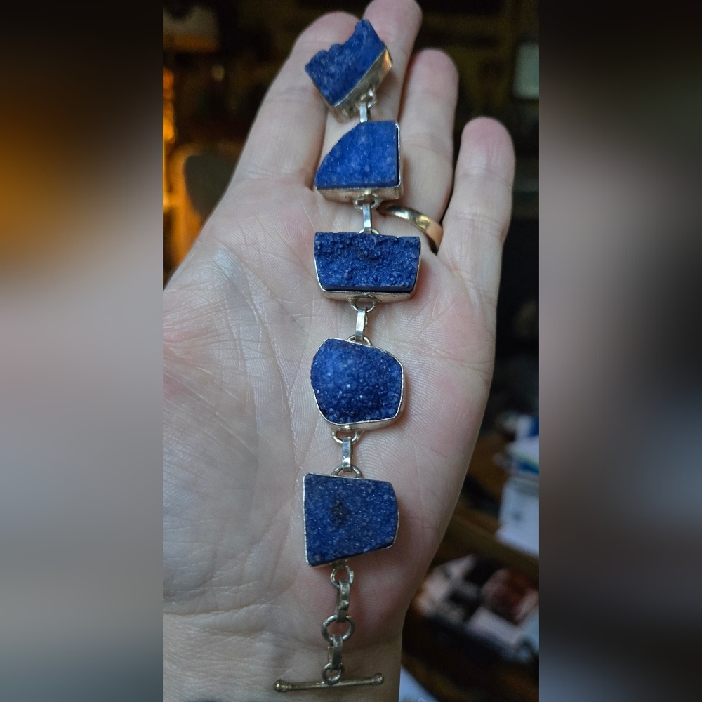 Saphire druzy Stone Sterling Bracelet 7" adjustable - Picture 3 of 8